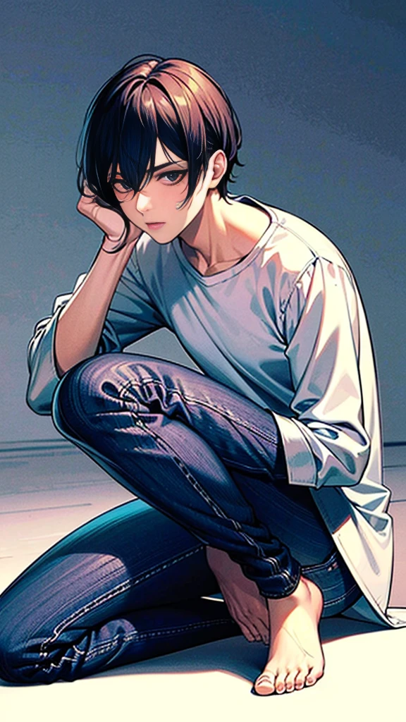 The person is also generated vertically.Create a highly detailed image of a mysterious and thoughtful young man in a crouched position. The character should have spiky black hair, large expressive eyes with dark circles, and a pale complexion. He is dressed in a loose-fitting white long-sleeve shirt and dark blue jeans. His pose is distinctive, with one hand near his mouth and the other resting on the ground for balance, and he is barefoot. The background should be minimalistic and white to emphasize the character's unique appearance and contemplative demeanor. The lighting should be soft, highlighting the character's thoughtful expression and unique posture.Background is a little horror.