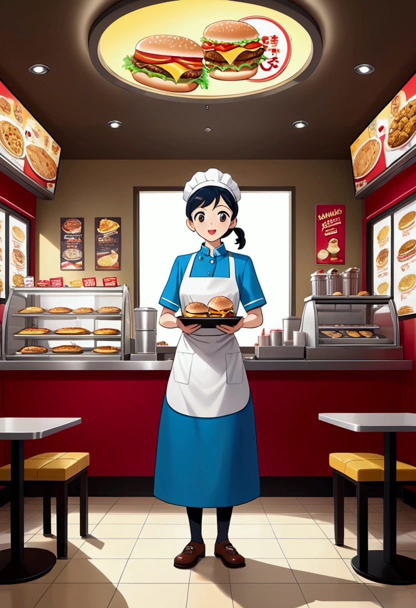 (a Fast Food Worker), A fast-food worker prepares customers' orders quickly with skillful skills in an country fast-food restaurant, and at the same time communicates happily with customers. The background is country, with cartoon-like vividness and vitality, full body, (Photography), panoramic view, award-winning, cinematic still, emotional, vignette, dynamic, vivid, (masterpiece, best quality, Professional, perfect composition, very aesthetic, absurdres, ultra-detailed, intricate details:1.3), by Miyazaki Hayao style