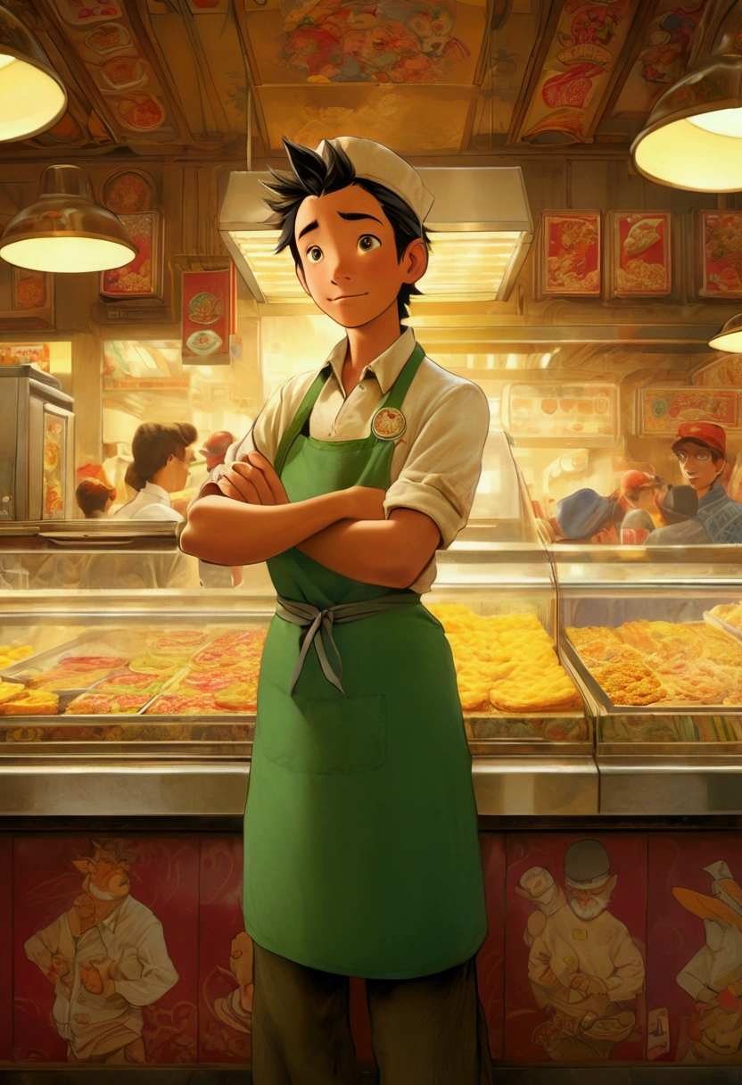 (Fast Food Worker), Cyberpunk style, a fast food clerk is doing the final tidying up work in the restaurant at night. The lights inside the restaurant emit charming colors, and the clerk's figure appears particularly prominent at the window, with the background of night city, full body, (Photography), panoramic view, award-winning, cinematic still, emotional, vignette, dynamic, vivid, (masterpiece, best quality, Professional, perfect composition, very aesthetic, absurdres, ultra-detailed, intricate details:1.3)
