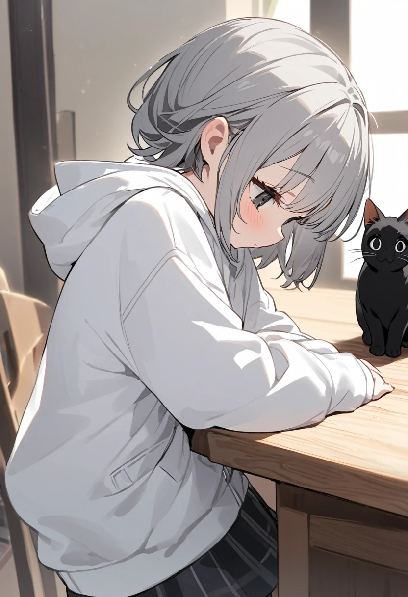 One Girl，Gray Hair，black eye，White hoodie，Black Cat Girl，大きなWhite hoodie，Long sleeves，Hands hidden in sleeves，cute，cute女の子，Fair skin，Facing forward