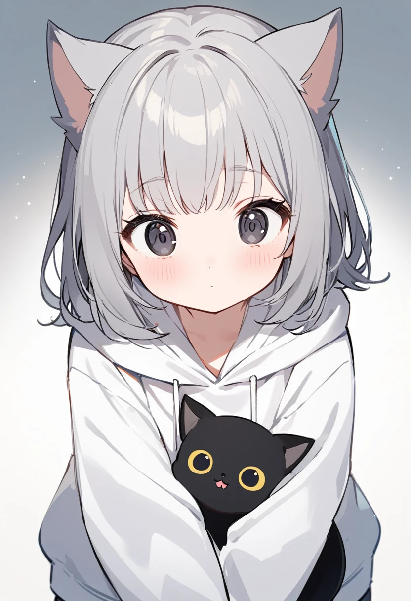 One Girl，Gray Hair，black eye，White hoodie，Black Cat Girl，大きなWhite hoodie，Long sleeves，Hands hidden in sleeves，cute，cute女の子，Fair skin，Facing forward