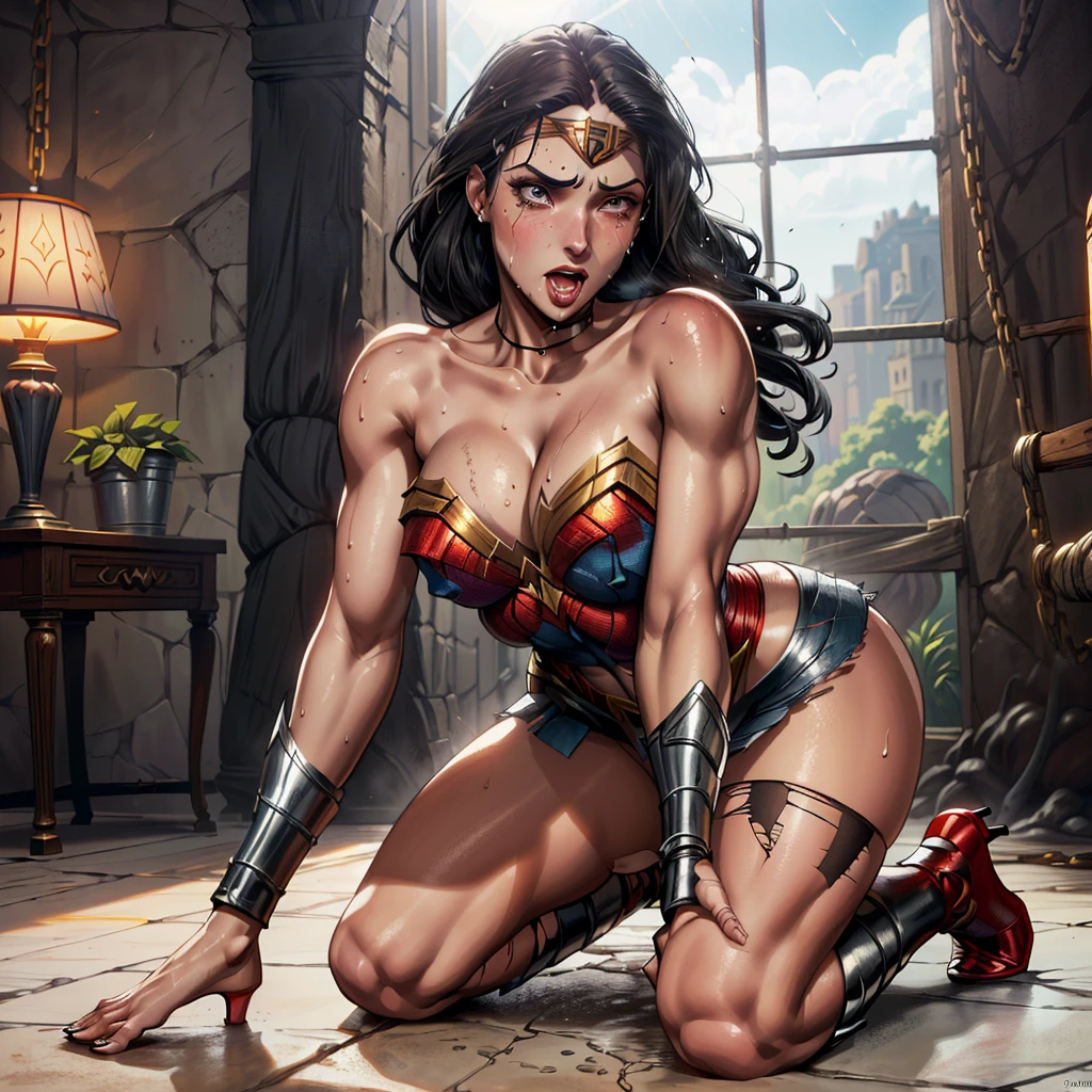 (Pintado, estilo linear preto, usando colarinho branco, (((slavery, BDSM))) olhos altamente detalhados, Olhos Renderizados, choro, middlebreasts. Absurdo, fundo intrincado, fundo de alto detalhe, contornos grossos, estilo de quadrinhos)) ((She's wearing stiletto high heels)) ((She's tiptoeing)) ((His uniform is torn and shredded, his costume is torn and shredded, his clothes are torn and shredded)) ((WONDER WOMAN IS A SLUT))  She's sweaty all over her body. ((she's forced against the wall)) She's screaming in terror, She's terrified, She's crying a lot.  ela tem cabelos escuros, Ela tem cabelos longos. ((She's in the dungeon of a castle)) (((She is wearing black socks 7/8 e cinta-liga vermelha))) ((His hands are tied behind his back. His ankles are handcuffed)) ((She's screaming and crying)) (Wearing a thick metal necklace around the neck with a chain attached to it) (your clothes are wet) (A saliva escorre de sua boca) (Your body is all scratched, machucada, com hematomas) ((tears welling up in her eyes)) (((Your clothes are immoral. your clothes are indecent)))