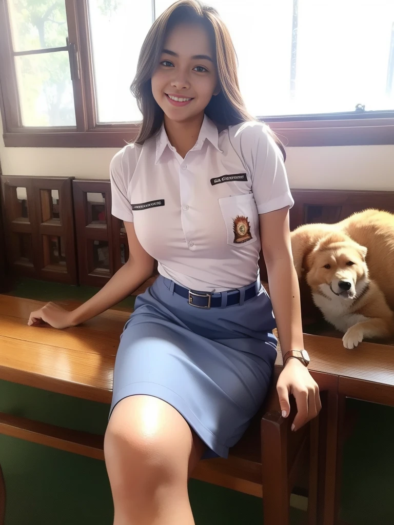 1girl, (Indonesian_high_school_uniform), sitting, model pose, legs out, legs crossed , Classroom, professional light, detailed face, detailed eyes, (seductive smile: 1.2), wide view, large fit body, large breasts, shiny skin, hands behind back, looking at the audience, model pose, wearing tight white shirt, wearing grey blue very short pants, (8k, RAW photo, best quality, masterpiece: 1.4), (realistic, realistic: 1.5), ultra-high resolution