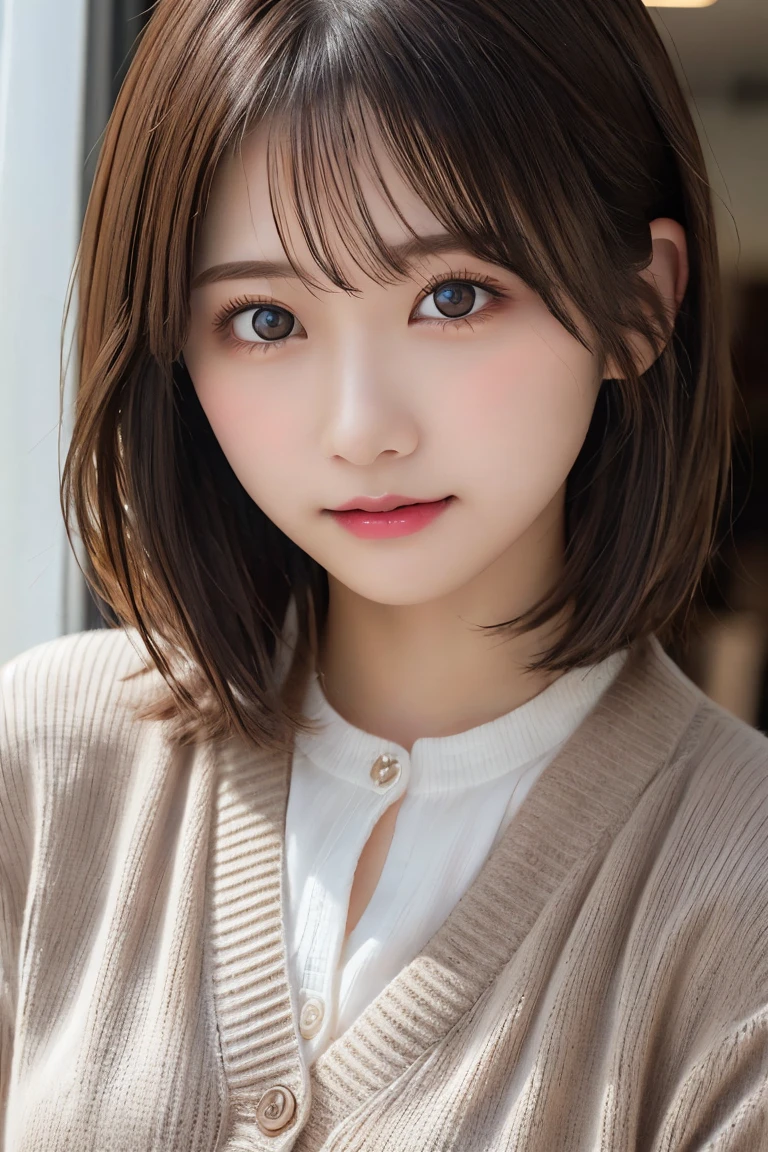 Highest quality、(beautiful)、Precision Eyes、Fine skin、Brown eyes、23-year-old female、Brown Hair、looking at the camera、Gal、Semi-short hair、cardigan