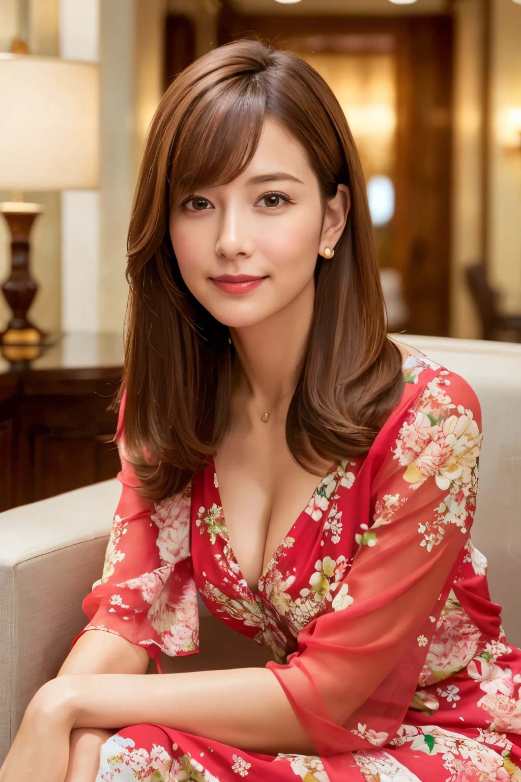 Highest quality, masterpiece, High resolution, Realistic, RAW Photos, 8k wallpaper, perfection, Professional Lighting, Very detailed, Written boundary depth, ((One beautiful woman)), ((Sexy 40 year old women)), (In the hotel lobby), ((Brightly colored floral dress)), ((Looking into the camera)), Detailed face, Beautiful Eyes, (Sit with the correct posture), (Sit facing forward with your back straight), Shapely breasts, (Sexy Looks), Light brown straight hair, ((symmetrical hair length)), (Thick lips), ((Place your arms between your legs))