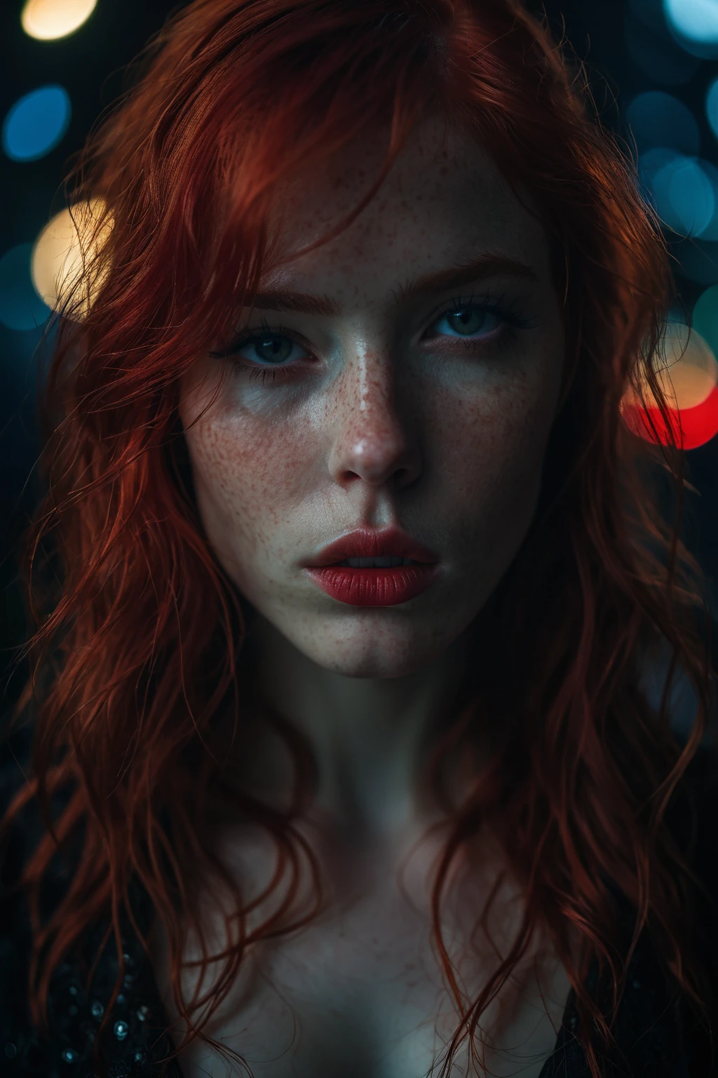 1girl, red hair, low light, darkness, full thick pouty lips, artistic masterpiece, (mist:0.6), cinematic film still photography, 35mm photograph, film, RAW photo, detailed photo, gorgeous, shallow depth of field, bokeh, (surreal:0.4), hyper detailed photorealistic life-like accurate proportional 8k sharp focus, (accurate cinematic lighting), photorealistic detail, (selective focus:0.6)