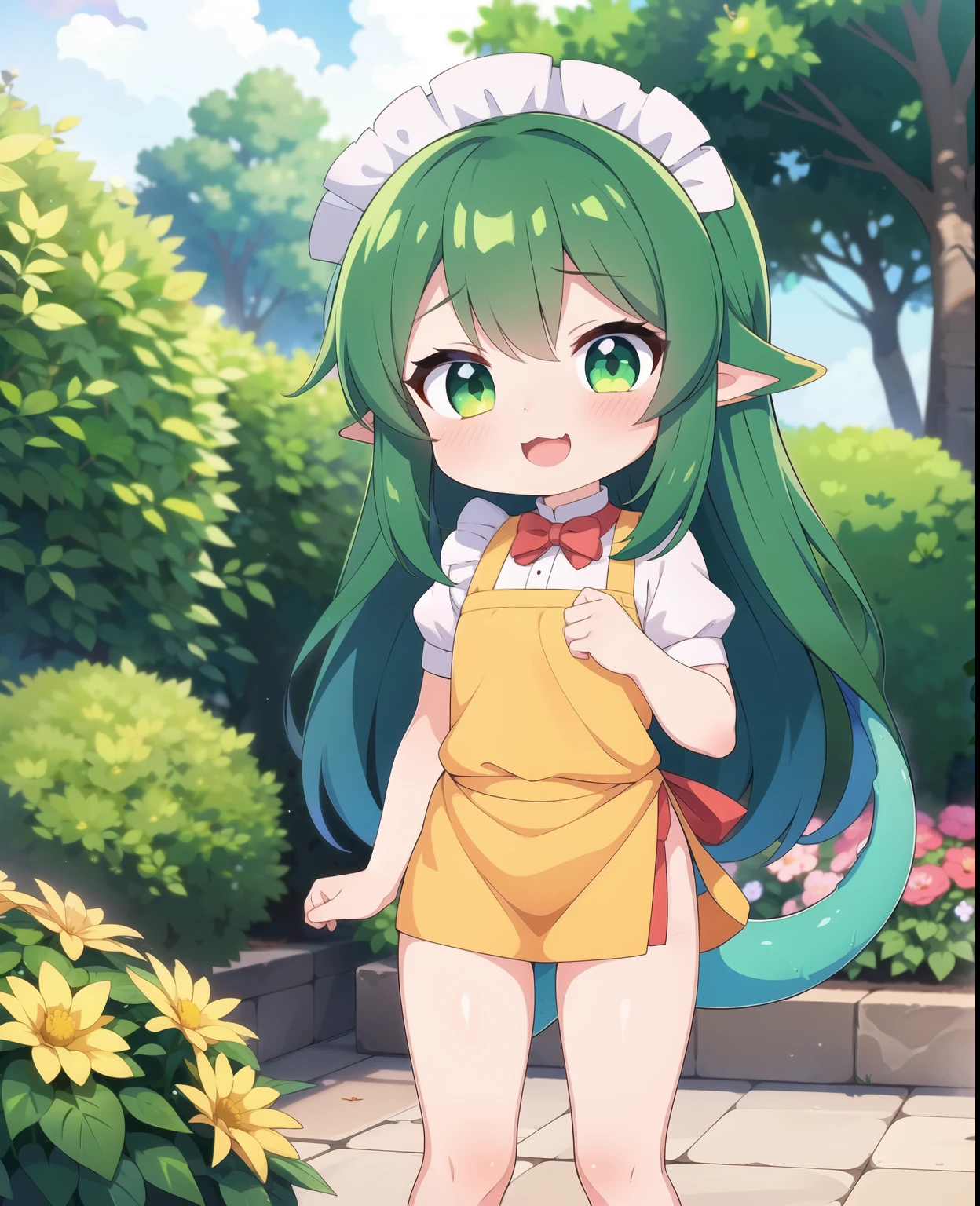 masterpiece, best quality, ultra detailed, anime style, 1girl, young, cute, (oily skin), (shiny skin), (skinny), (thin legs), dragon girl, dragon horns, dragon tail, long hair, gradient hair, multicolored hair, green eyes, standing, maid costume, flower, garden, outdoor, warm, beautiful face, happy, :3, ;D