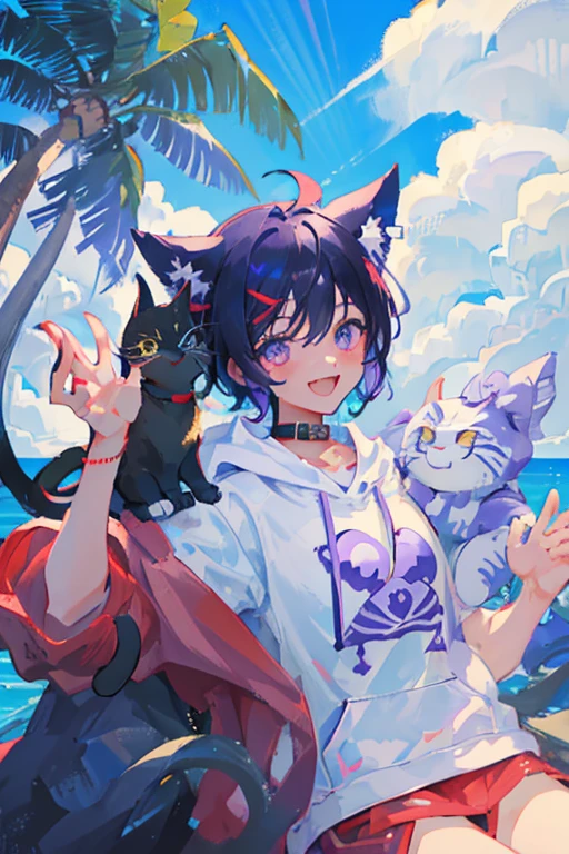 juvenile、boy、Black Hair、Cat ear、Eyes purple、Red collar、Short sleeve hoodie、Ocean、blue sky、looks fun、smile、Looks happy、Palm tree、Close-up、lens