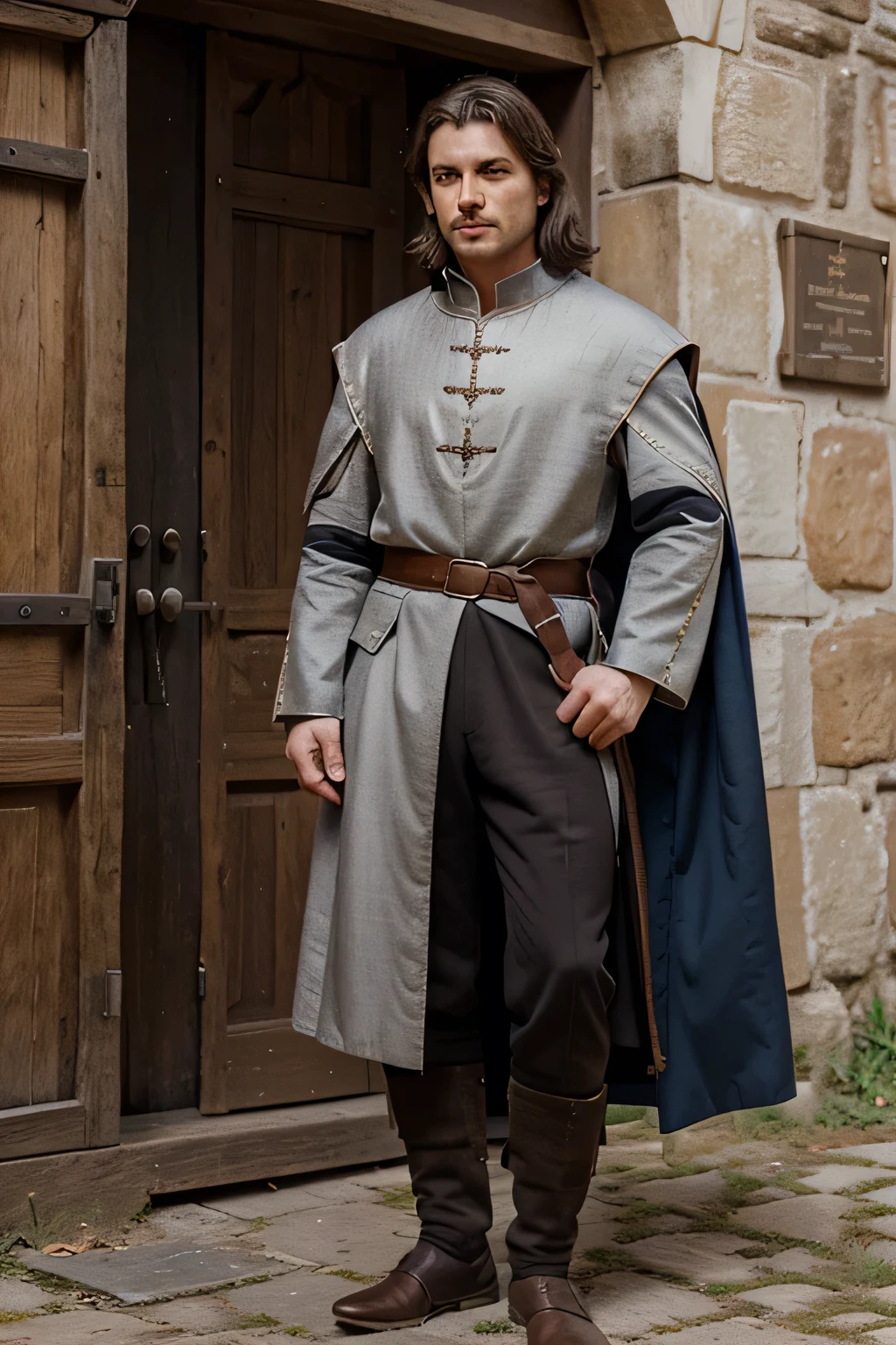 create an image of a nobleman from the middle ages, masculine, 14th century clothing, full body, friendly face, 35 years, understandable for fifteen year old students,