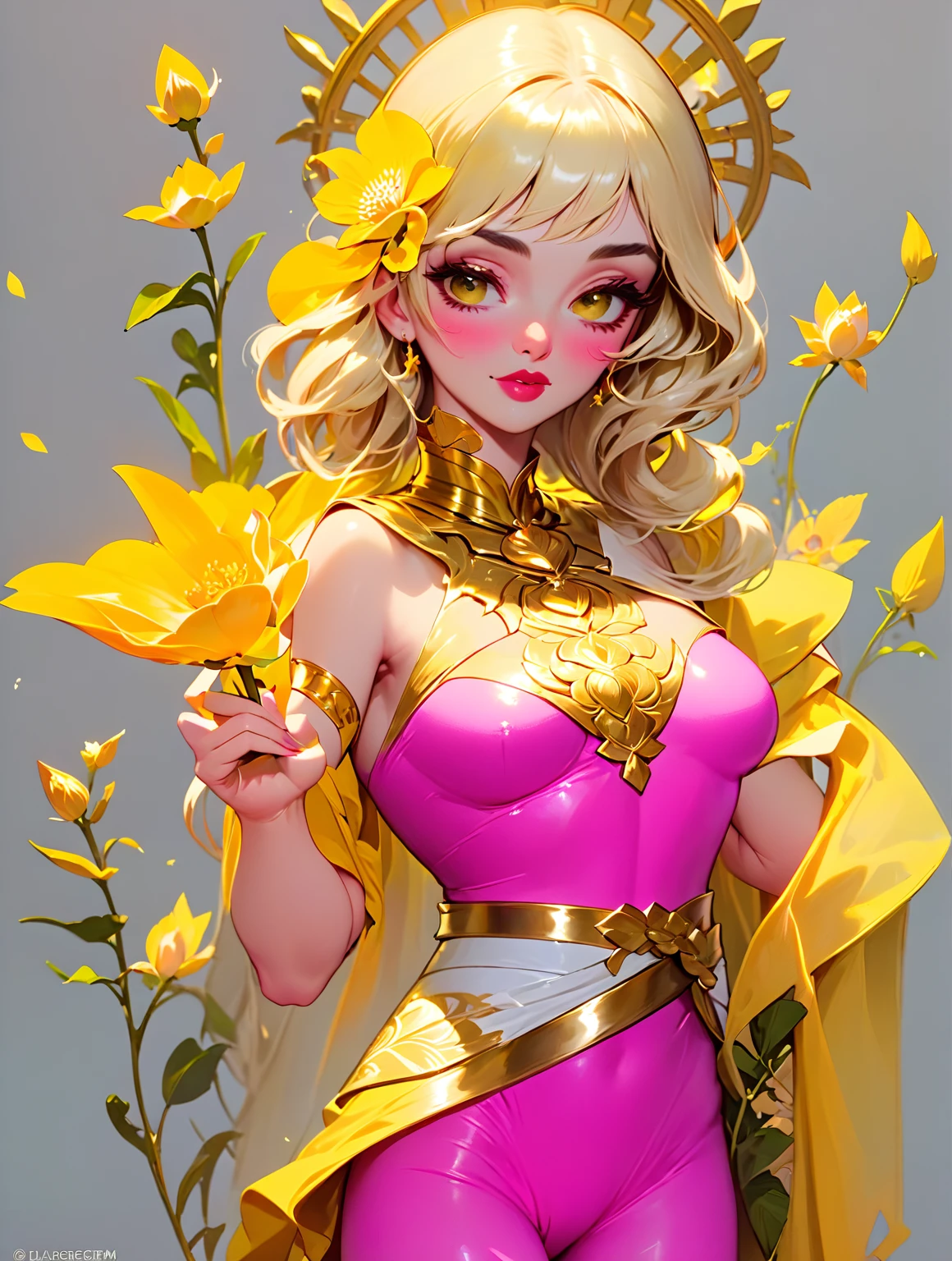 a woman in a yellow and pink outfit holding a flower, portrait of modern darna, astri lohne, indian goddess of wealth, royal elegant pose, style artgerm, gilded lotus princess, regal pose, senna from league of legends, in style of artgerm, style of artgerm, indian goddess, artgerm detailed