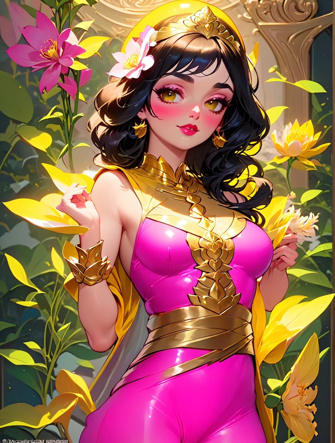 a woman in a yellow and pink outfit holding a flower, portrait of modern darna, astri lohne, indian goddess of wealth, royal elegant pose, style artgerm, gilded lotus princess, regal pose, senna from league of legends, in style of artgerm, style of artgerm, indian goddess, artgerm detailed