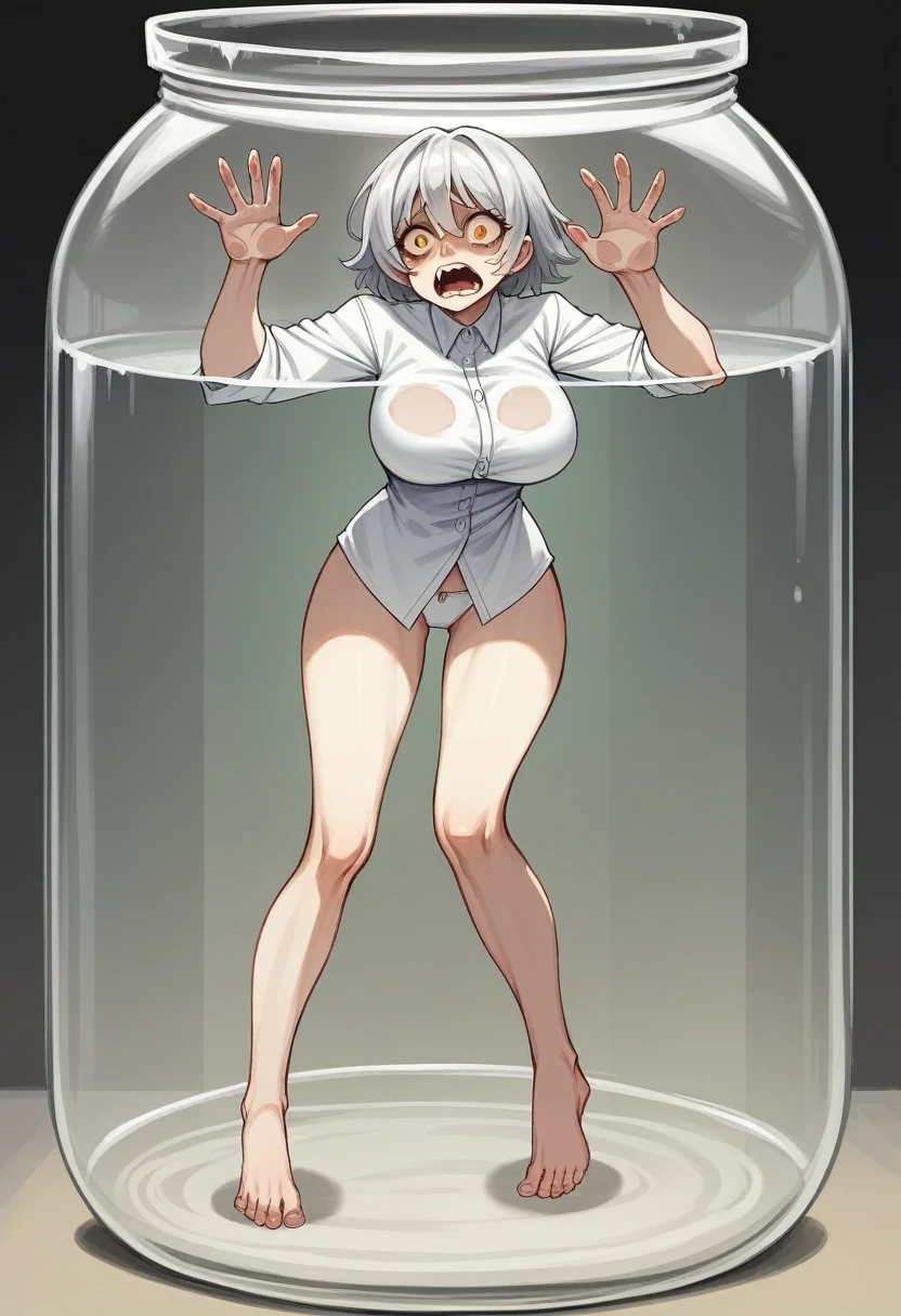 artwork, Attention to details, beautiful girl, normal skin, big breasts, long spiky silver hair and golden eyes, with  uniform, White shirt, scary face, scared, bare legs, white panties, breasts hitting glass, standing, whole body, barefoot, trapped inside a transparent glass jar, waxed inside, inside the jar, whole body en el frasco, sentada inside the jar, barefoot, trapped in the jar.