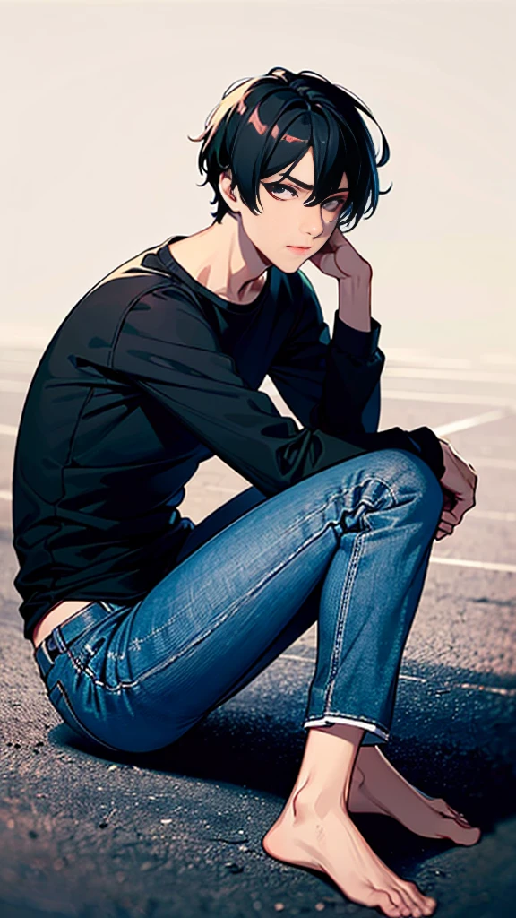 The person is also generated vertically.Create a highly detailed image of a mysterious and thoughtful young man in a crouched position. The character should have spiky black hair, large expressive eyes with dark circles, and a pale complexion. He is dressed in a loose-fitting white long-sleeve shirt and dark blue jeans. His pose is distinctive, with one hand near his mouth and the other resting on the ground for balance, and he is barefoot. The background should be minimalistic and white to emphasize the character's unique appearance and contemplative demeanor. The lighting should be soft, highlighting the character's thoughtful expression and unique posture.Background is a little horror.