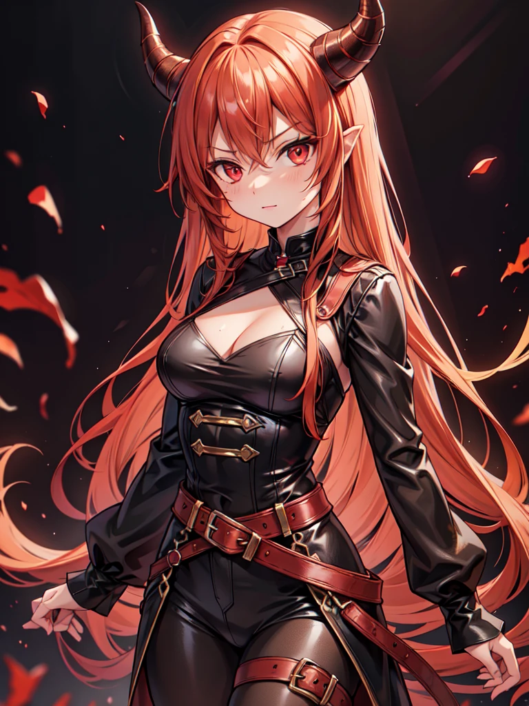Girl with light copper-amber hair, dark red eyes , sexy dark clothes, sly facial expression, , on the head there are black small demonic horns, average build , belt art , high detail studio light