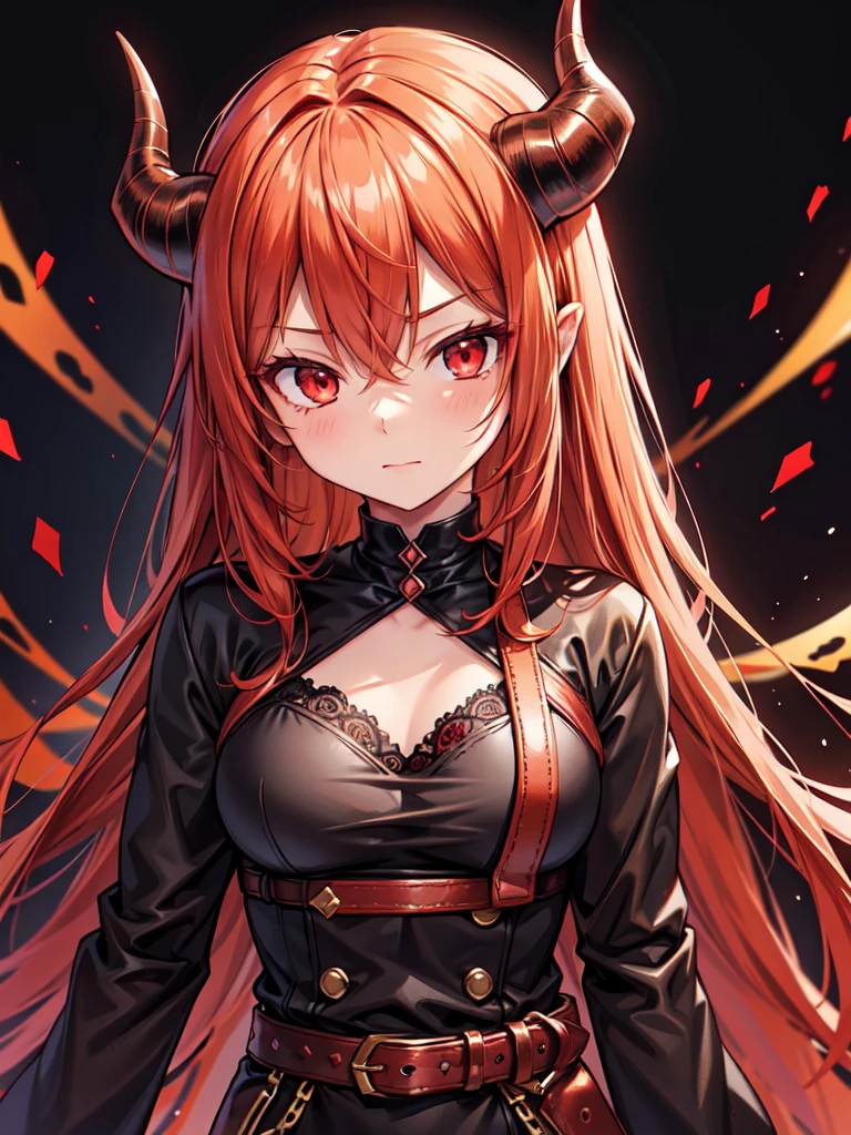 Girl with light copper-amber hair, dark red eyes , sexy dark clothes, sly facial expression, , on the head there are black small demonic horns, average build , belt art , high detail studio light