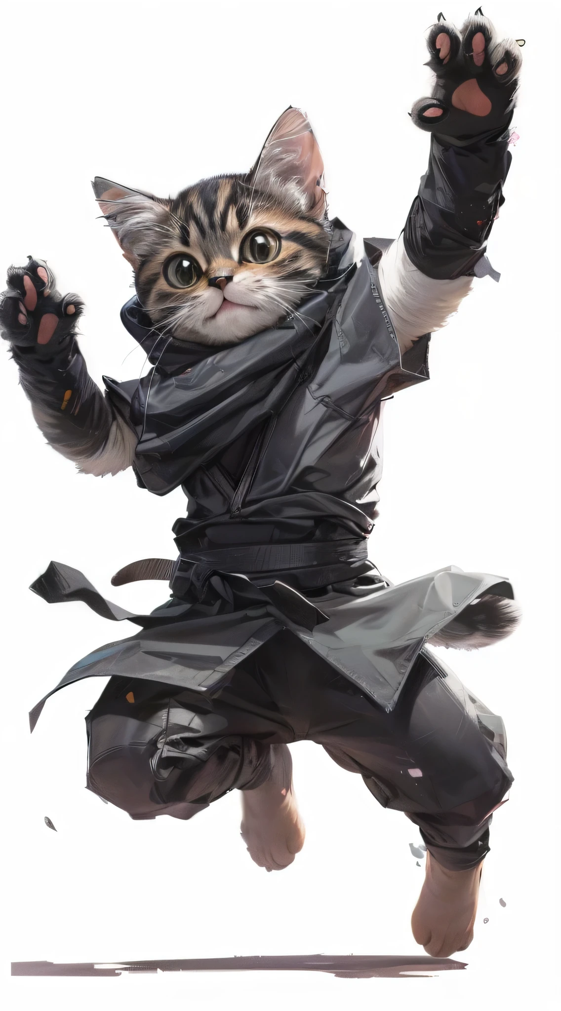 a cat in a ninja costume, jumping in the air, pixar style, disney, zootopia cute, body turning left, 4k, 8k, highres, masterpiece:1.2, ultra-detailed, realistic, photorealistic:1.37, vivid colors, studio lighting, professional, sharp focus, extremely detailed