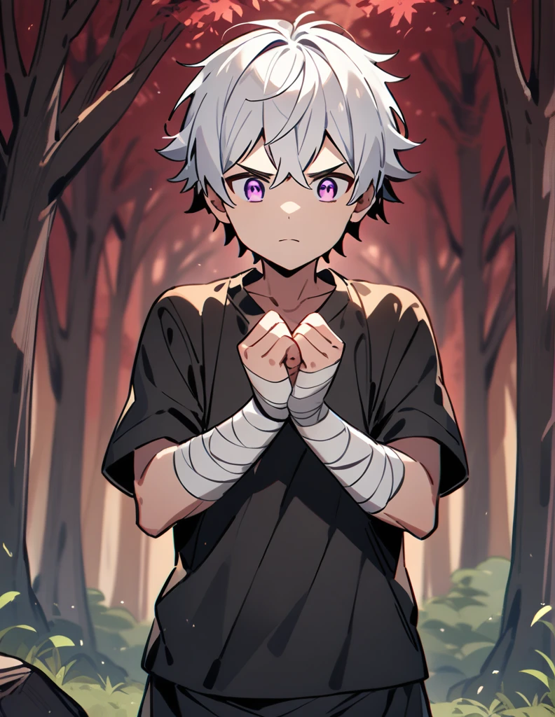 small Greek boy with white hair, violet eyes, wearing a black shirt, with his arms covered in bandages, straining to carry a large rock with his hands covered in bandages, with a red forest of dry trees in the background