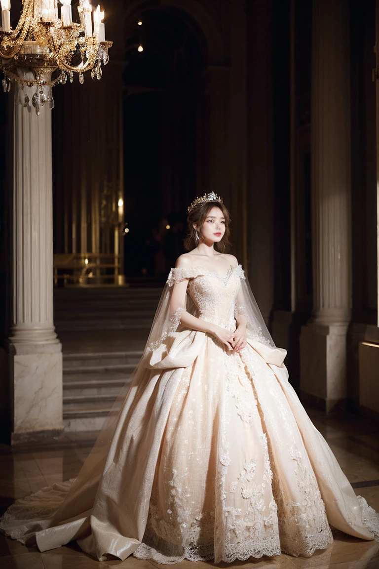 21yo girl, Blonde hair in a bun, Wear a beautiful crown, Beautiful gown, in a kingdom