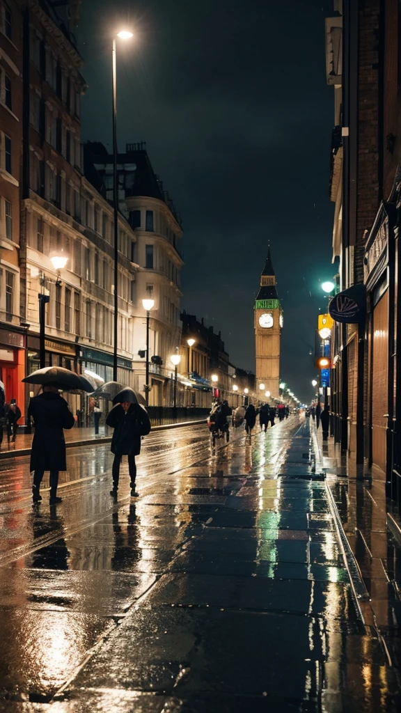 A rain-soaked sidewalk　Night view　London