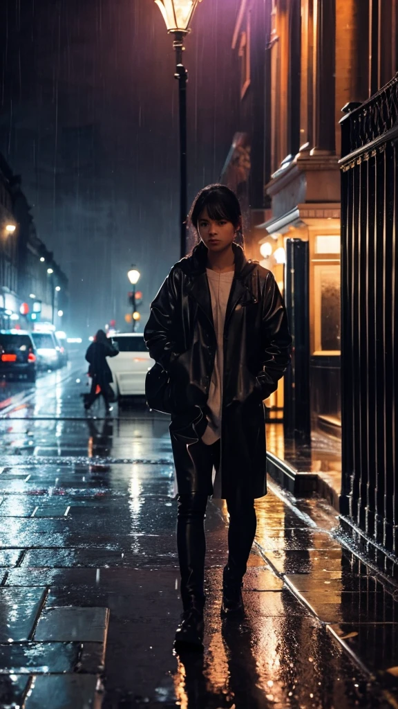A rain-soaked sidewalk　Night view　London