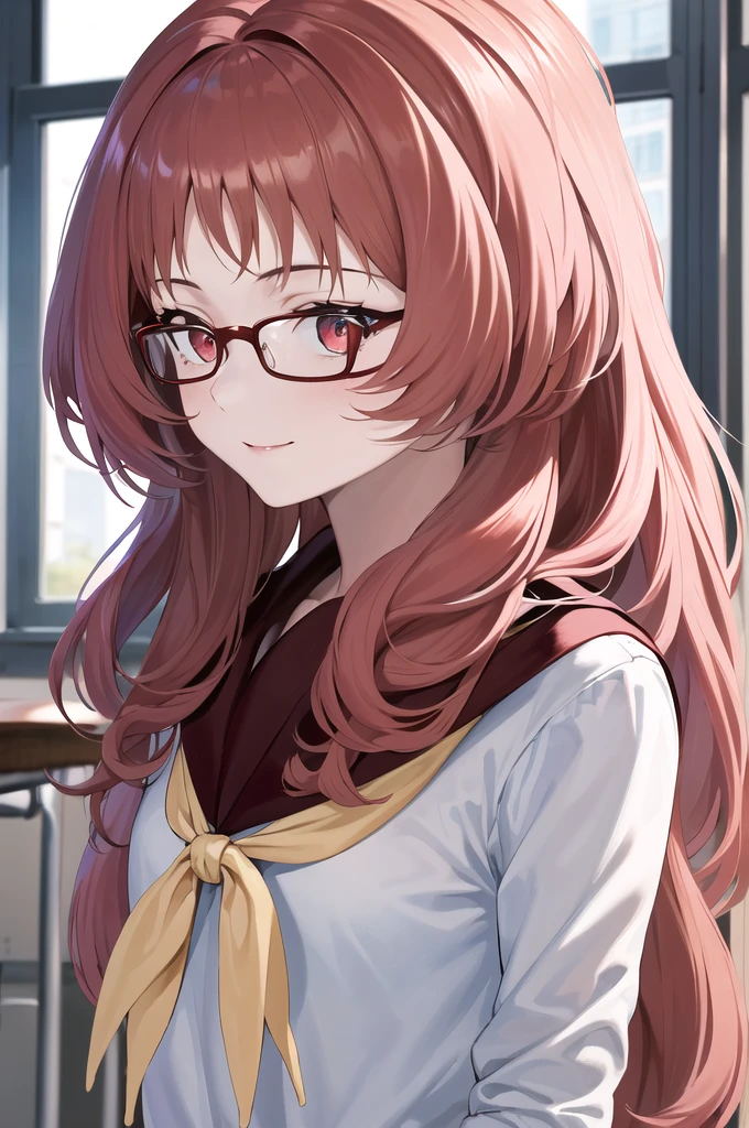 masterpiece, perfect lighting, (beautiful, best quality: 1.3), perfect eyes, absurd, 8k, 1 girl, alone, (absurdities), finely detailed, ai_mie, long hair, red eyes, red hair, red glasses, small breasts , smiling, eyes wide open, looking at viewer, Meaves, Glasses, long hair, Seraphuku, sailor collar, yellow scarf, white shirt, purple eyes, red dress, red hair, classroom, windowside