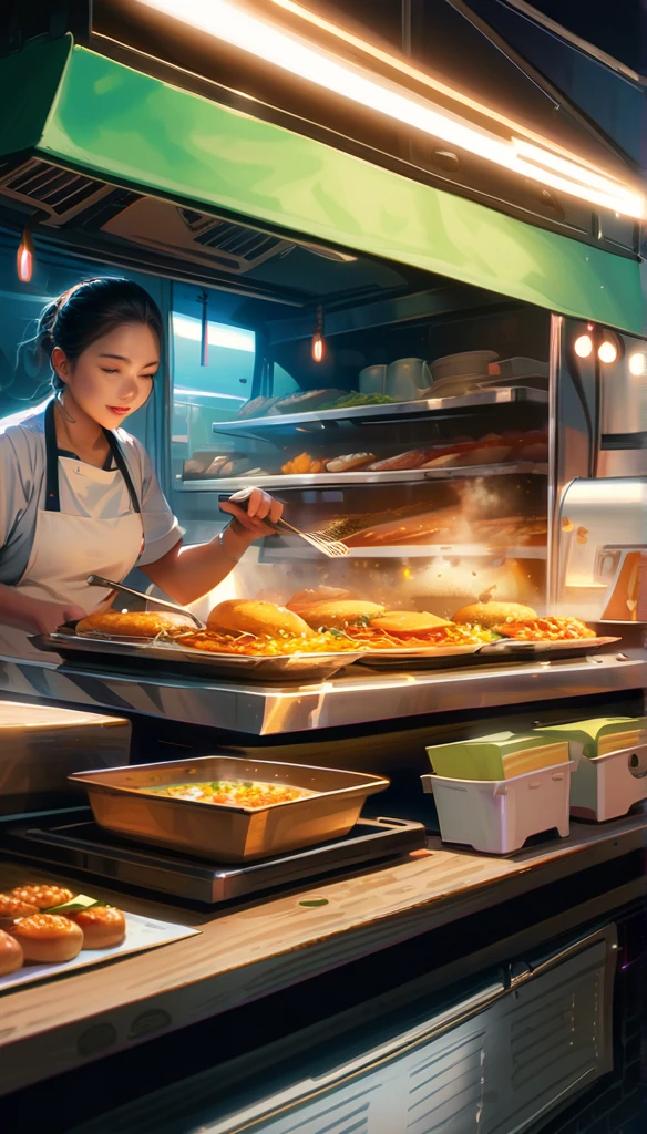 A food truck, a fast food worker, a cook in a food truck, preparing a hot meal, steam rising, delicious aromas, dynamic composition, cinematic lighting, vibrant colors, photorealistic, 8K, hyper detailed, masterpiece