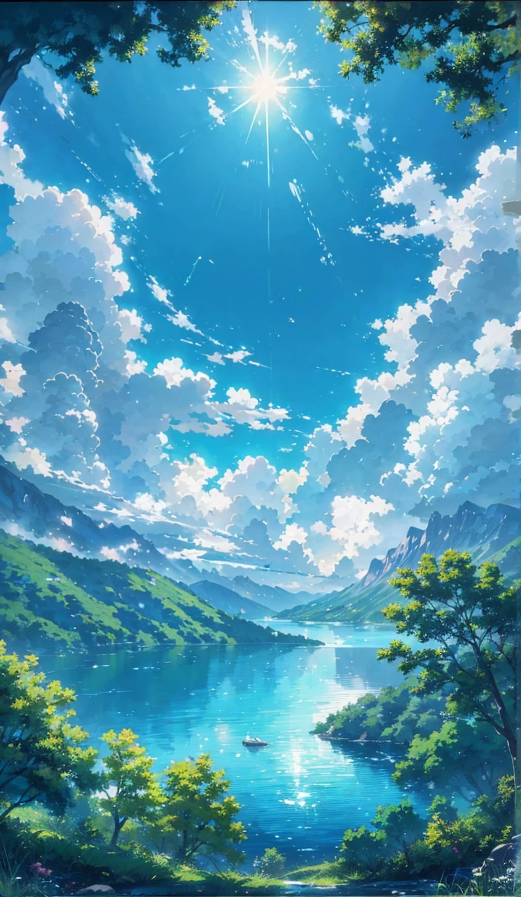 a painting of a lake surrounded by trees and mountains, anime landscape wallpaper, beautiful anime scenery, anime nature, beautifull puffy clouds. anime, anime beautiful peace scene, anime landscape, anime scenery, detailed scenery —width 672, cosmic skies. by makoto shinkai, beautiful anime scene, anime clouds, style of makoto shinkai