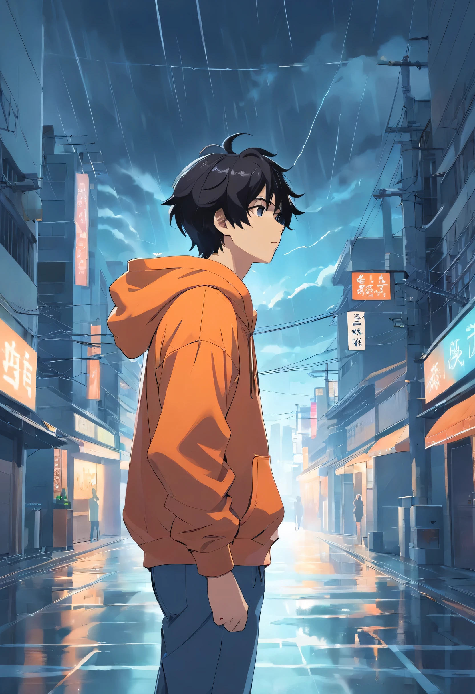 1 guy, black hair slightly curled, oversized orange hoodie, pale white skin, hot, cool, storm behind