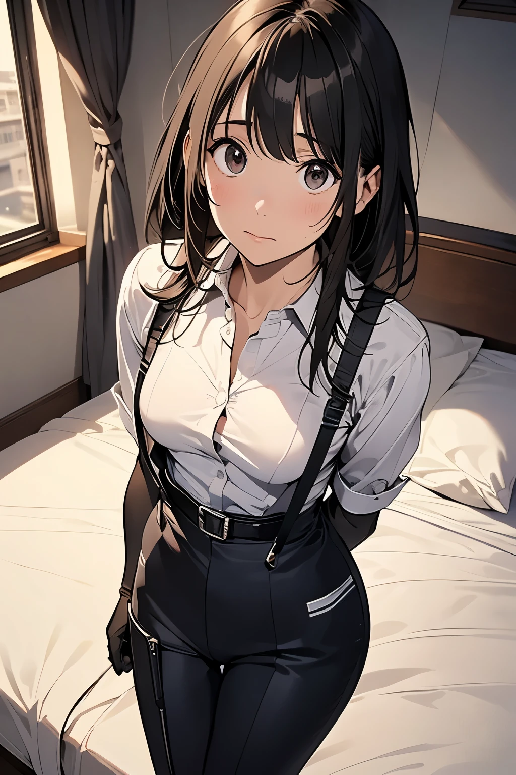 1 female, , high quality, masterpiece, Ultra-high resolution, , Cinema Lighting, , , And the suspenders with the cranes flying Moderate breasts Small face holster Lying in bed Looking up Sweat belt summer 脇Sweat Black Hole Gloves suit shirt Black jacket Black trousers Leg Links ズボンにbelt holster Hands behind your back Anxious expression Looking up Anxious face, legs apart
