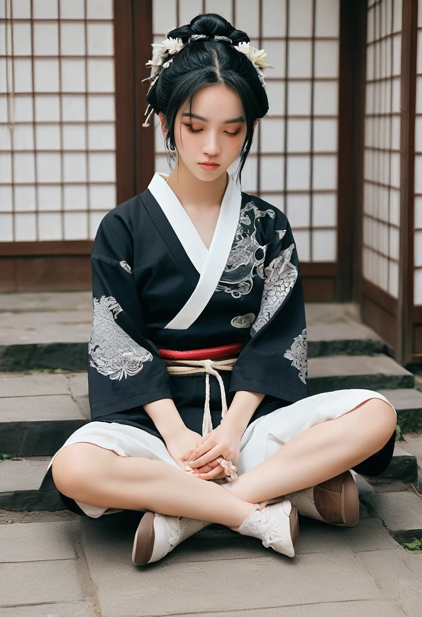The image shows a young girl sitting in what appears to be an outdoor setting, possibly in an environment resembling a temple or a traditional Japanese area. The girl's hair is black and styled in an anime-like fashion, with two small braids on the sides. Her eyes are large and expressive, with a hint of contemplation or sadness in her gaze. She has tattoos covering her arms and legs, including intricate designs featuring dragons and flowers. She is wearing a loose black shirt with a drawing of a dog on the chest, possibly with some Japanese writings or symbols on the sleeve. She is adorned with several necklaces and bracelets, giving her a youthful and trendy appearance. She also has some earrings. Behind the girl, there is a pair of traditional Japanese swords (katana) strapped to her back, giving her a warrior-like look.緒に 