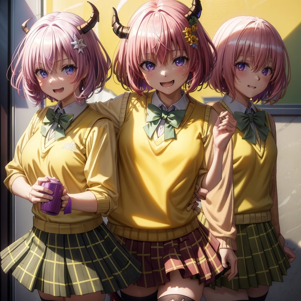 Momodebilke, Deviluke Type, demon tail, One person，Hair Flowers, hair ornaments, (Purple eyes:1.1), Pink Hair, short hair, tail, smile,最高masterpiece，Highest quality，
break demon tail, green skirt, Plaid, Plaid skirt, Sainan High , , skirt, Sweater vest, Knee socks, (Yellow Sweater:1.5), Short sleeve, bow, (green bow:1.5),
break indoors, classroom,
break looking at viewer, (Cowboy Shot:1.5),
break (masterpiece:1.2), Highest quality, High resolution, unity 8k wallpaper, (figure:0.8), (beautiful detailed eyes:1.6), extremely detailed face, Perfect lighting, extremely detailed CG, (Perfect hands, Perfect Anatomy),