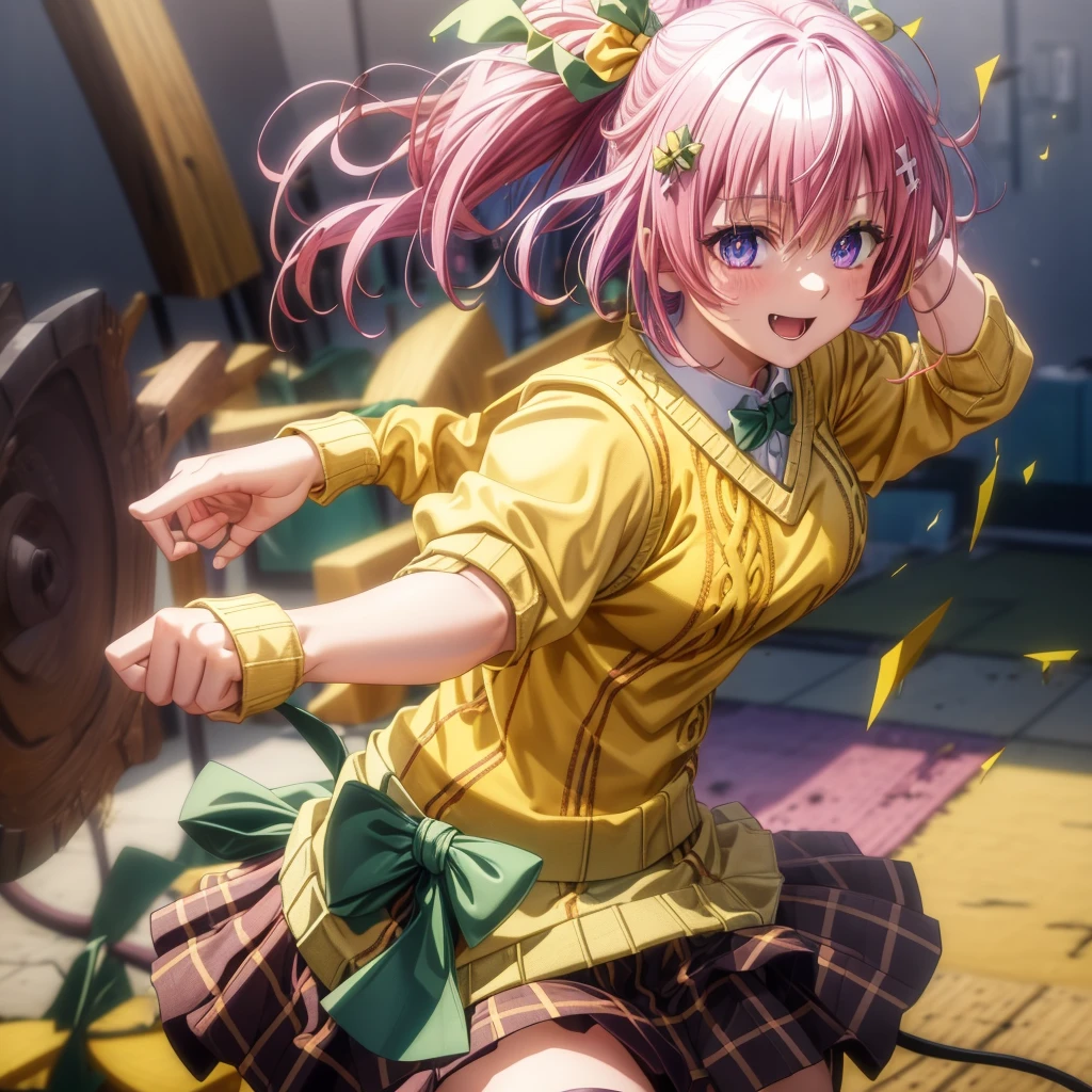 Momodebilke, Deviluke Type, demon tail, One person，Hair Flowers, hair ornaments, (Purple eyes:1.1), Pink Hair, short hair, tail, smile,最高masterpiece，Highest quality，
break demon tail, green skirt, Plaid, Plaid skirt, Sainan High , , skirt, Sweater vest, Knee socks, (Yellow Sweater:1.5), Short sleeve, bow, (green bow:1.5),
break indoors, classroom,
break looking at viewer, (Cowboy Shot:1.5),
break (masterpiece:1.2), Highest quality, High resolution, unity 8k wallpaper, (figure:0.8), (beautiful detailed eyes:1.6), extremely detailed face, Perfect lighting, extremely detailed CG, (Perfect hands, Perfect Anatomy),