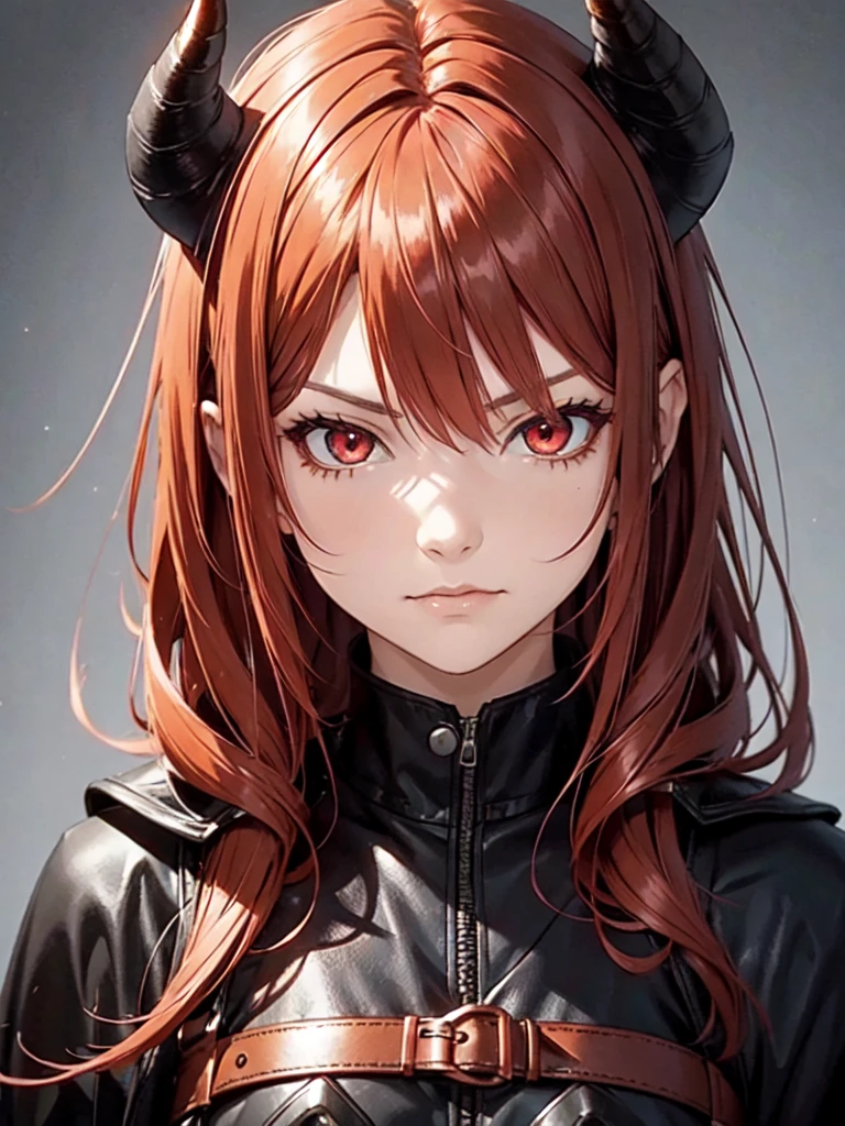 Girl with  light copper-amber hair, dark red eyes , sexy dark clothes, sly facial expression, , on the head there are black small demonic horns, average build , belt art , high detail studio light