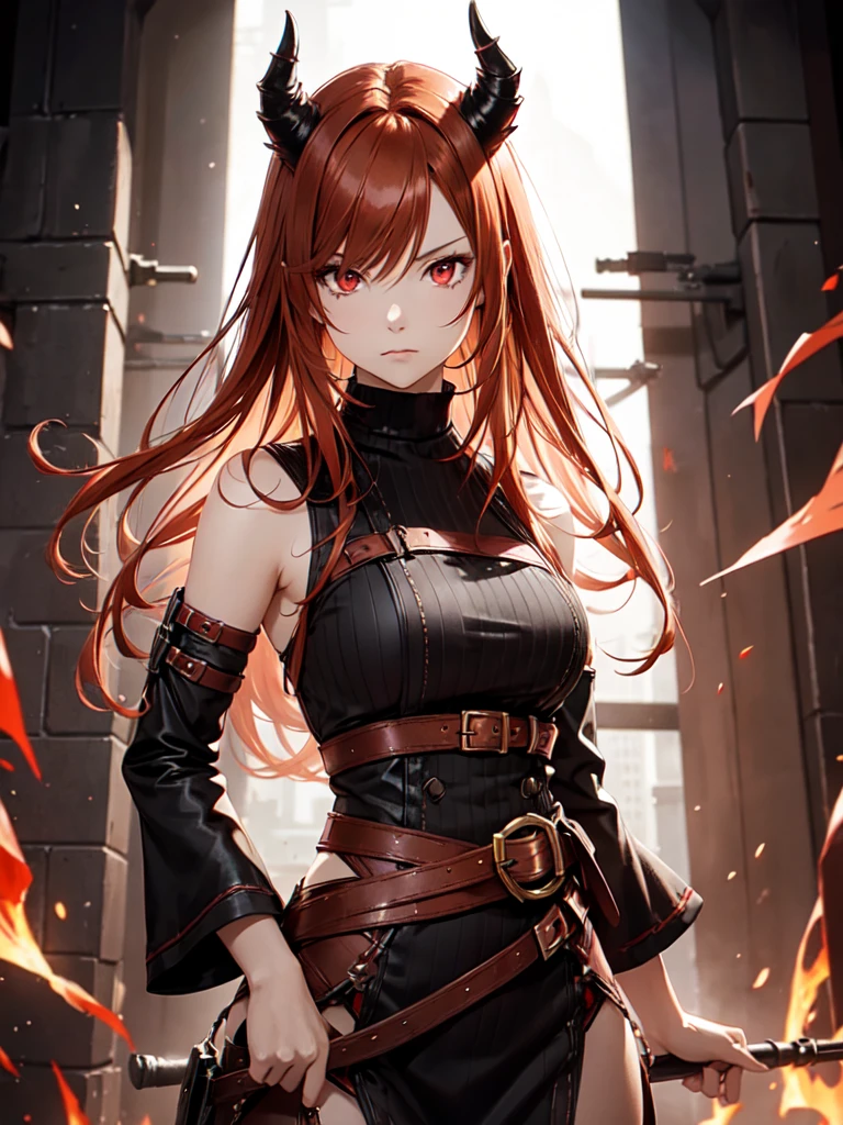 Girl with light copper-amber hair, dark red eyes , sexy dark clothes, sly facial expression, , on the head there are black small demonic horns, average build , belt art , high detail studio light