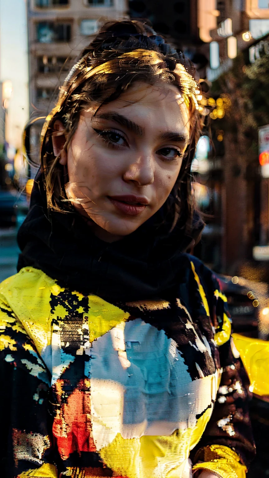 young woman looking at the camera,full lips, brown eyes, blonde, black sweatshirt, city, bright sunset