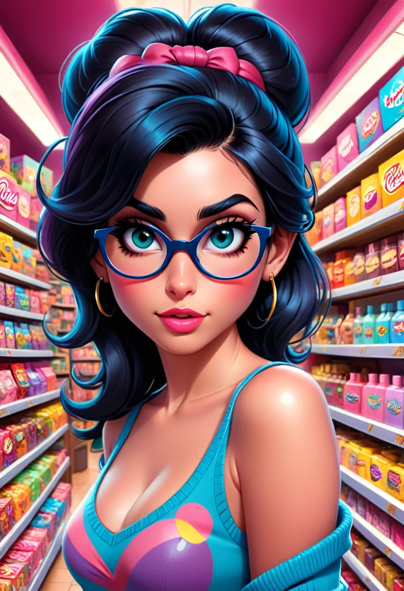 Amy Winehouse, Best Quality, Masterpiece, Very detailed symmetrical eyes, glasses, sweater top model girl, very detailed background, (in a candy store), Hyper realistic, cinematic lighting, Studio quality, 8K resolution, Masterpiece, Pixar style, por Tristan Eaton Stanley Artgerm y Tom Bagshaw