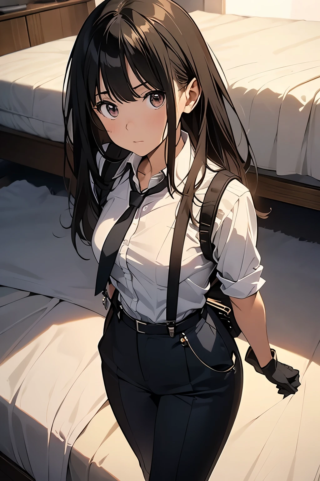 1 female, , high quality, masterpiece, Ultra-high resolution, , Cinema Lighting, , , And the suspenders with the cranes flying Moderate breasts Small face holster Lying in bed Looking up Sweat belt summer 脇Sweat Black Hole Gloves suit shirt Black jacket Black trousers Leg Links ズボンにbelt holster Hands behind your back Anxious expression Looking up Anxious face, legs apart