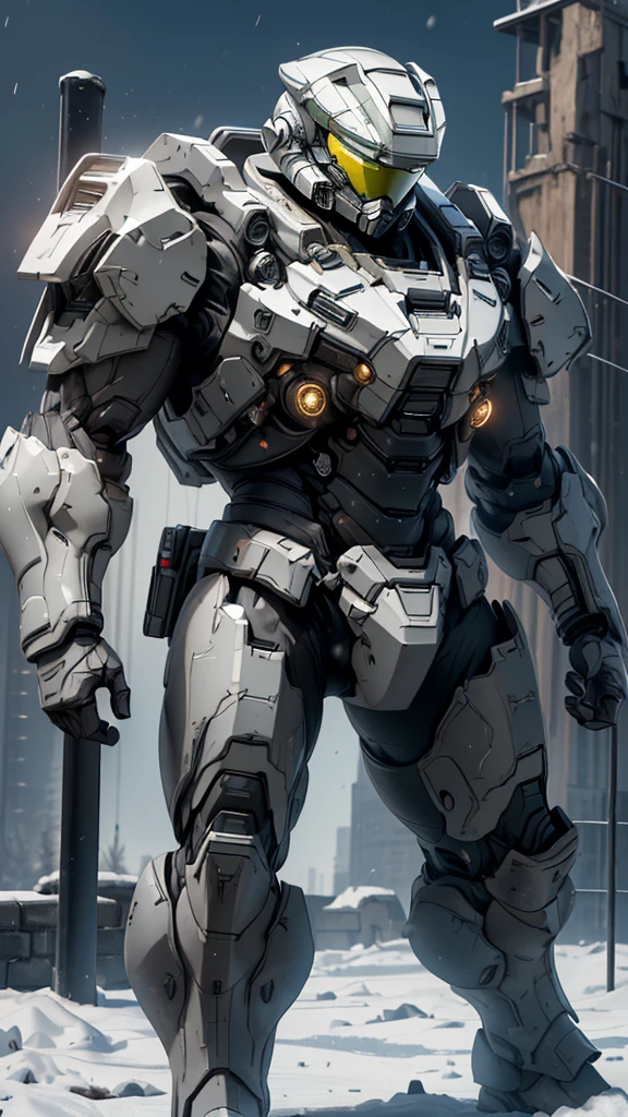 (high quality, 4K, high dynamic range) ， (masterpiece, Ultra-realistic professional lighting,，Ultra-thin 8K，1 person，Full body gray benzene heavy armor suit，Detailed Master Chief helmet，male，Snow is falling all around，ruins，End of the World，Upper Body，Transporting supplies