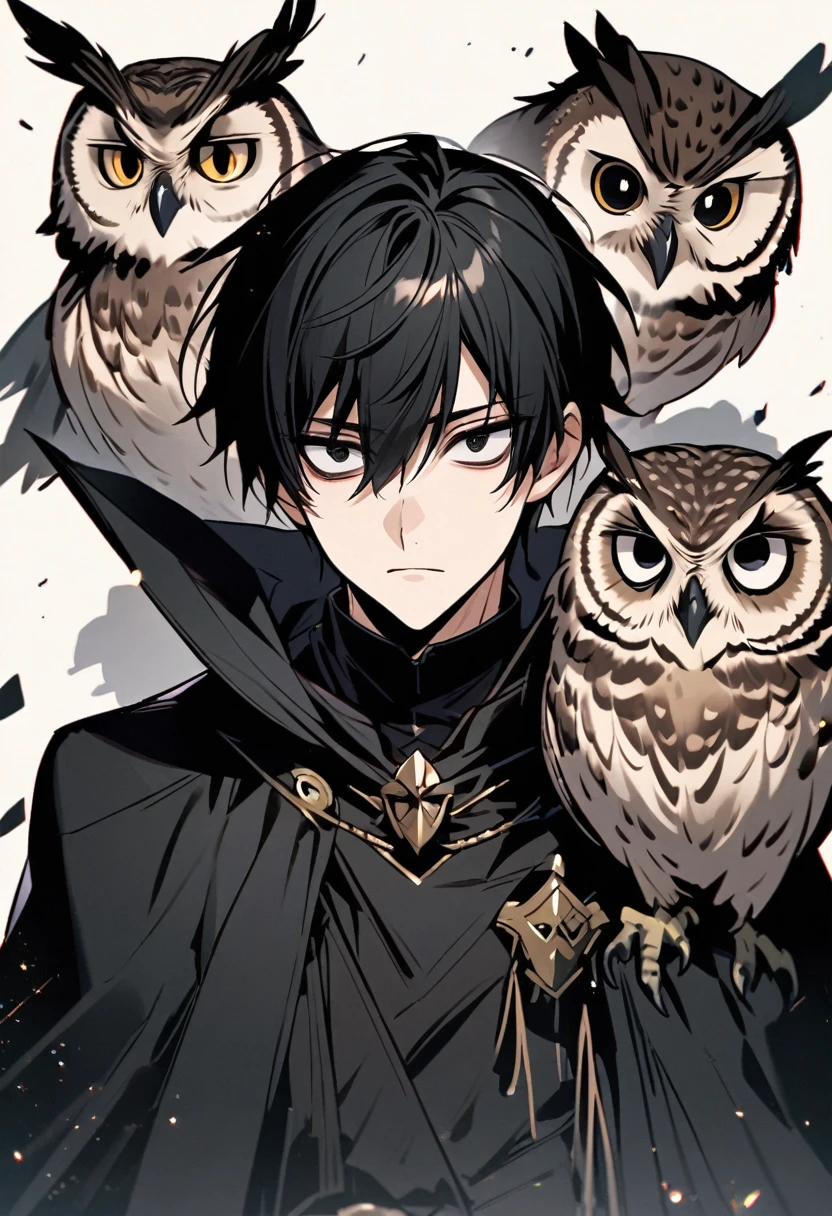 good looking, alone, 1 male, short hair, Black Hair, Black eyes, Black Shirt, Black Cape, Sharp-eyed Owl