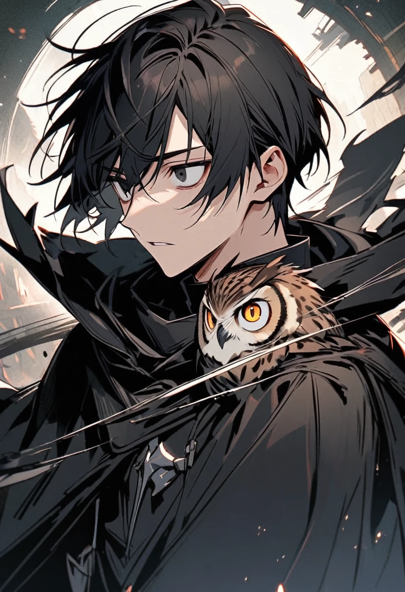 good looking, alone, 1 male, short hair, Black Hair, Black eyes, Black Shirt, Black Cape, Sharp-eyed Owl