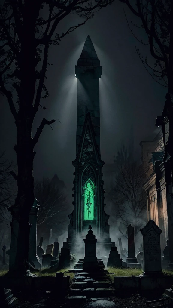 In a desolate, fog-shrouded cemetery at the edge of a forgotten village, an atmosphere of dread permeates the air. The twisted, gnarled trees loom like skeletal sentinels, their barren branches clawing at the sky. Tombstones, worn and cracked by the passage of time, jut out from the uneven ground at disturbing angles, each one bearing cryptic, weathered inscriptions.
At the center of this nightmarish graveyard stands a dilapidated mausoleum, its iron gate hanging loosely on rusted hinges, creaking eerily in the cold wind. The stone walls of the mausoleum are covered in creeping, black ivy, and an unsettling green glow seeps out from the cracks and the doorway, casting an unnatural light on the surrounding tombstones.
Inside the mausoleum, a ghastly scene unfolds. An altar draped in rotting, bloodstained cloth holds an ancient, cursed tome, its pages filled with forbidden rituals. Flickering candles, their flames a sickly green, cast distorted shadows on the walls, where spectral faces appear and vanish, their mouths open in silent screams. The air is thick with the stench of decay and the faint sound of whispering voices that seem to come from nowhere and everywhere at once.
Amidst the tombstones outside, ghostly apparitions rise from the ground, their translucent forms twisted in eternal agony. These restless spirits wander aimlessly, their hollow eyes glowing with a spectral light. Occasionally, one will pause and turn its gaze directly towards you, as if aware of your presence, sending a chill down your spine.
The ground itself seems alive, with hands of the undead breaking through the soil, grasping desperately at the air. The fog swirls around them, obscuring their ghastly forms and adding to the sense of encroaching doom. In the distance, the faint tolling of a bell echoes, its sound warped and distorted, as if tolling from another realm.