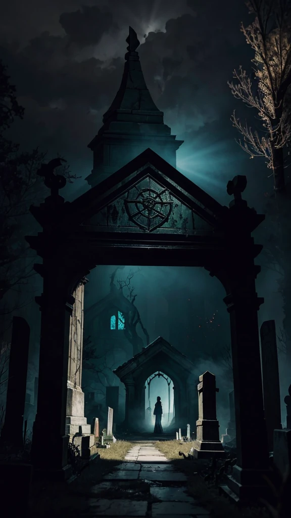 In a desolate, fog-shrouded cemetery at the edge of a forgotten village, an atmosphere of dread permeates the air. The twisted, gnarled trees loom like skeletal sentinels, their barren branches clawing at the sky. Tombstones, worn and cracked by the passage of time, jut out from the uneven ground at disturbing angles, each one bearing cryptic, weathered inscriptions.
At the center of this nightmarish graveyard stands a dilapidated mausoleum, its iron gate hanging loosely on rusted hinges, creaking eerily in the cold wind. The stone walls of the mausoleum are covered in creeping, black ivy, and an unsettling green glow seeps out from the cracks and the doorway, casting an unnatural light on the surrounding tombstones.
Inside the mausoleum, a ghastly scene unfolds. An altar draped in rotting, bloodstained cloth holds an ancient, cursed tome, its pages filled with forbidden rituals. Flickering candles, their flames a sickly green, cast distorted shadows on the walls, where spectral faces appear and vanish, their mouths open in silent screams. The air is thick with the stench of decay and the faint sound of whispering voices that seem to come from nowhere and everywhere at once.
Amidst the tombstones outside, ghostly apparitions rise from the ground, their translucent forms twisted in eternal agony. These restless spirits wander aimlessly, their hollow eyes glowing with a spectral light. Occasionally, one will pause and turn its gaze directly towards you, as if aware of your presence, sending a chill down your spine.
The ground itself seems alive, with hands of the undead breaking through the soil, grasping desperately at the air. The fog swirls around them, obscuring their ghastly forms and adding to the sense of encroaching doom. In the distance, the faint tolling of a bell echoes, its sound warped and distorted, as if tolling from another realm.
