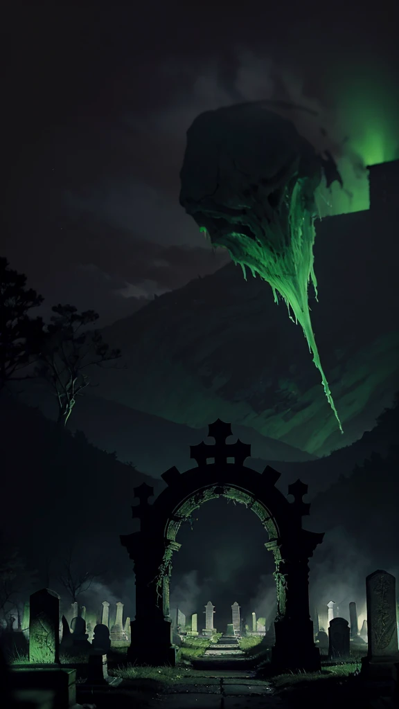 

In a desolate, fog-shrouded cemetery at the edge of a forgotten village, an atmosphere of dread permeates the air. The twisted, gnarled trees loom like skeletal sentinels, their barren branches clawing at the sky. Tombstones, worn and cracked by the passage of time, jut out from the uneven ground at disturbing angles, each one bearing cryptic, weathered inscriptions.

At the center of this nightmarish graveyard stands a dilapidated mausoleum, its iron gate hanging loosely on rusted hinges, creaking eerily in the cold wind. The stone walls of the mausoleum are covered in creeping, black ivy, and an unsettling green glow seeps out from the cracks and the doorway, casting an unnatural light on the surrounding tombstones.

Inside the mausoleum, a ghastly scene unfolds. An altar draped in rotting, bloodstained cloth holds an ancient, cursed tome, its pages filled with forbidden rituals. Flickering candles, their flames a sickly green, cast distorted shadows on the walls, where spectral faces appear and vanish, their mouths open in silent screams. The air is thick with the stench of decay and the faint sound of whispering voices that seem to come from nowhere and everywhere at once.

Amidst the tombstones outside, ghostly apparitions rise from the ground, their translucent forms twisted in eternal agony. These restless spirits wander aimlessly, their hollow eyes glowing with a spectral light. Occasionally, one will pause and turn its gaze directly towards you, as if aware of your presence, sending a chill down your spine.

The ground itself seems alive, with hands of the undead breaking through the soil, grasping desperately at the air. The fog swirls around them, obscuring their ghastly forms and adding to the sense of encroaching doom. In the distance, the faint tolling of a bell echoes, its sound warped and distorted, as if tolling from another realm.