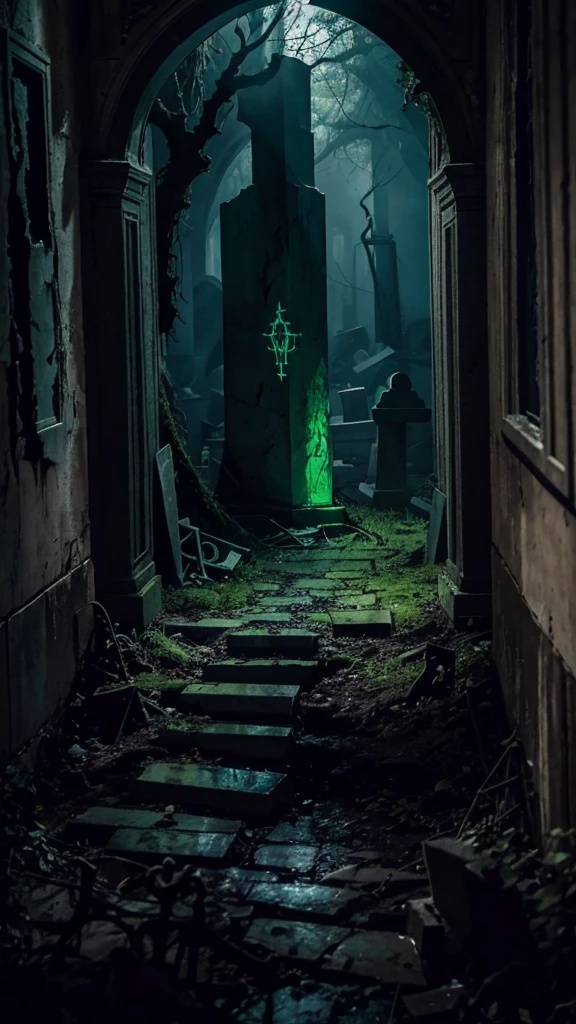 In a desolate, fog-shrouded cemetery at the edge of a forgotten village, an atmosphere of dread permeates the air. The twisted, gnarled trees loom like skeletal sentinels, their barren branches clawing at the sky. Tombstones, worn and cracked by the passage of time, jut out from the uneven ground at disturbing angles, each one bearing cryptic, weathered inscriptions.
At the center of this nightmarish graveyard stands a dilapidated mausoleum, its iron gate hanging loosely on rusted hinges, creaking eerily in the cold wind. The stone walls of the mausoleum are covered in creeping, black ivy, and an unsettling green glow seeps out from the cracks and the doorway, casting an unnatural light on the surrounding tombstones.
Inside the mausoleum, a ghastly scene unfolds. An altar draped in rotting, bloodstained cloth holds an ancient, cursed tome, its pages filled with forbidden rituals. Flickering candles, their flames a sickly green, cast distorted shadows on the walls, where spectral faces appear and vanish, their mouths open in silent screams. The air is thick with the stench of decay and the faint sound of whispering voices that seem to come from nowhere and everywhere at once.
Amidst the tombstones outside, ghostly apparitions rise from the ground, their translucent forms twisted in eternal agony. These restless spirits wander aimlessly, their hollow eyes glowing with a spectral light. Occasionally, one will pause and turn its gaze directly towards you, as if aware of your presence, sending a chill down your spine.
The ground itself seems alive, with hands of the undead breaking through the soil, grasping desperately at the air. The fog swirls around them, obscuring their ghastly forms and adding to the sense of encroaching doom. In the distance, the faint tolling of a bell echoes, its sound warped and distorted, as if tolling from another realm.
