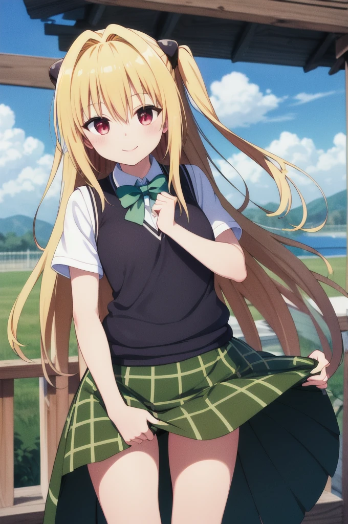 masterpiece, Highest quality, High resolution, Ayami, Very long hair, Both sides up, hair ornaments, , Green bow tie, White shirt, Sweater vest, Yellow vest, Short sleeve, Checked skirt, Green Skirt, Are standing, Cowboy Shot, smile, Outdoor, skirt lift,Backwards,