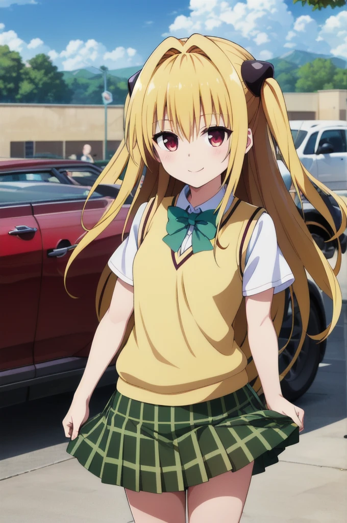 masterpiece, Highest quality, High resolution, Ayami, Very long hair, Both sides up, hair ornaments, , Green bow tie, White shirt, Sweater vest, Yellow vest, Short sleeve, Checked skirt, Green Skirt, Are standing, Cowboy Shot, smile, Outdoor, skirt lift,Backwards,