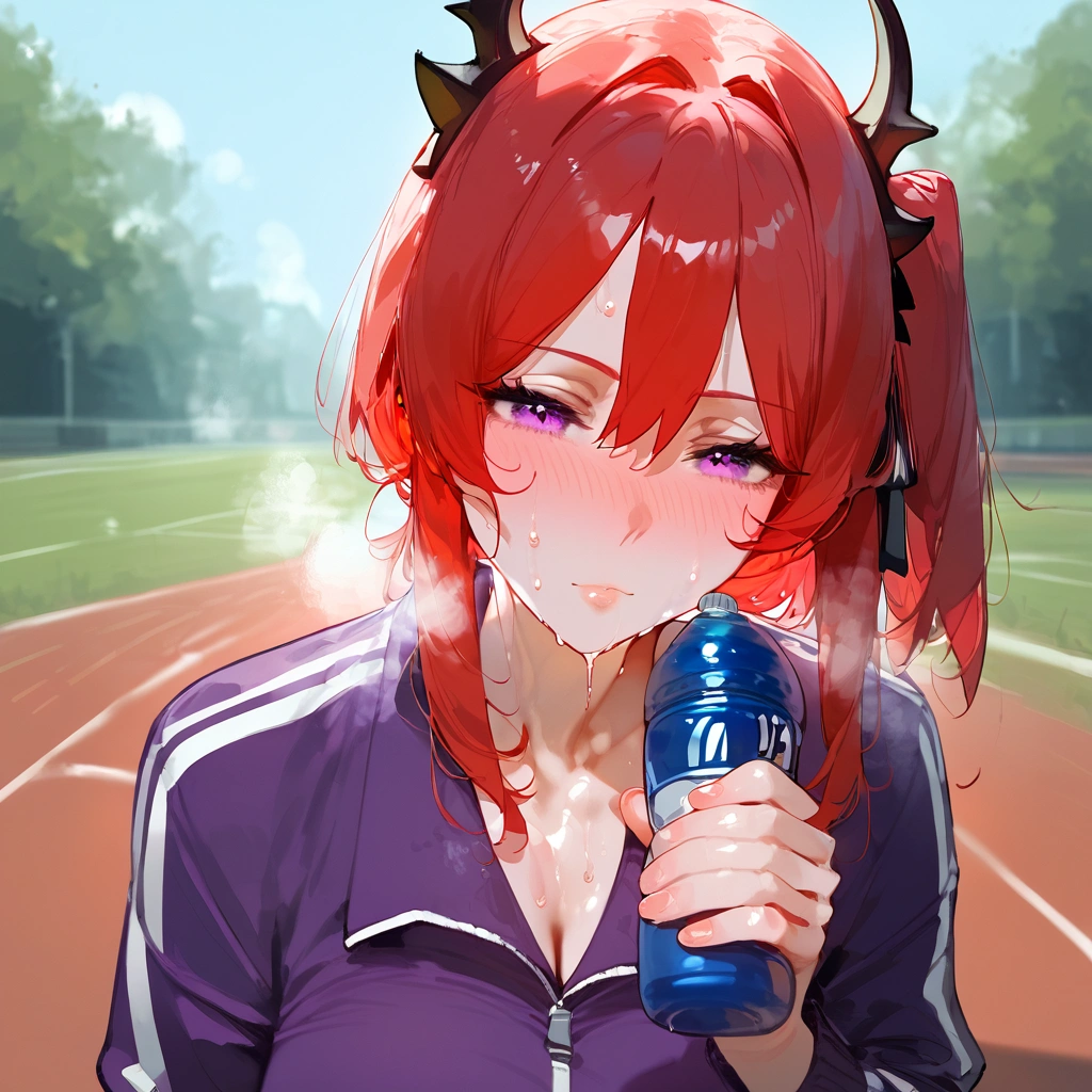 score_9, score_8_up, score_7_up, score_6_up,floox style,surtr, arknights, red hair,big breasts,,collarbone, jacket,purple jacket, purple track suit, sportswear, standing, steam, steaming body, sweat,, track jacket, track pants, track suit, outdoors, pours water on face, water bottle, solo, face focus, purple eyes, facial, head up, spilling