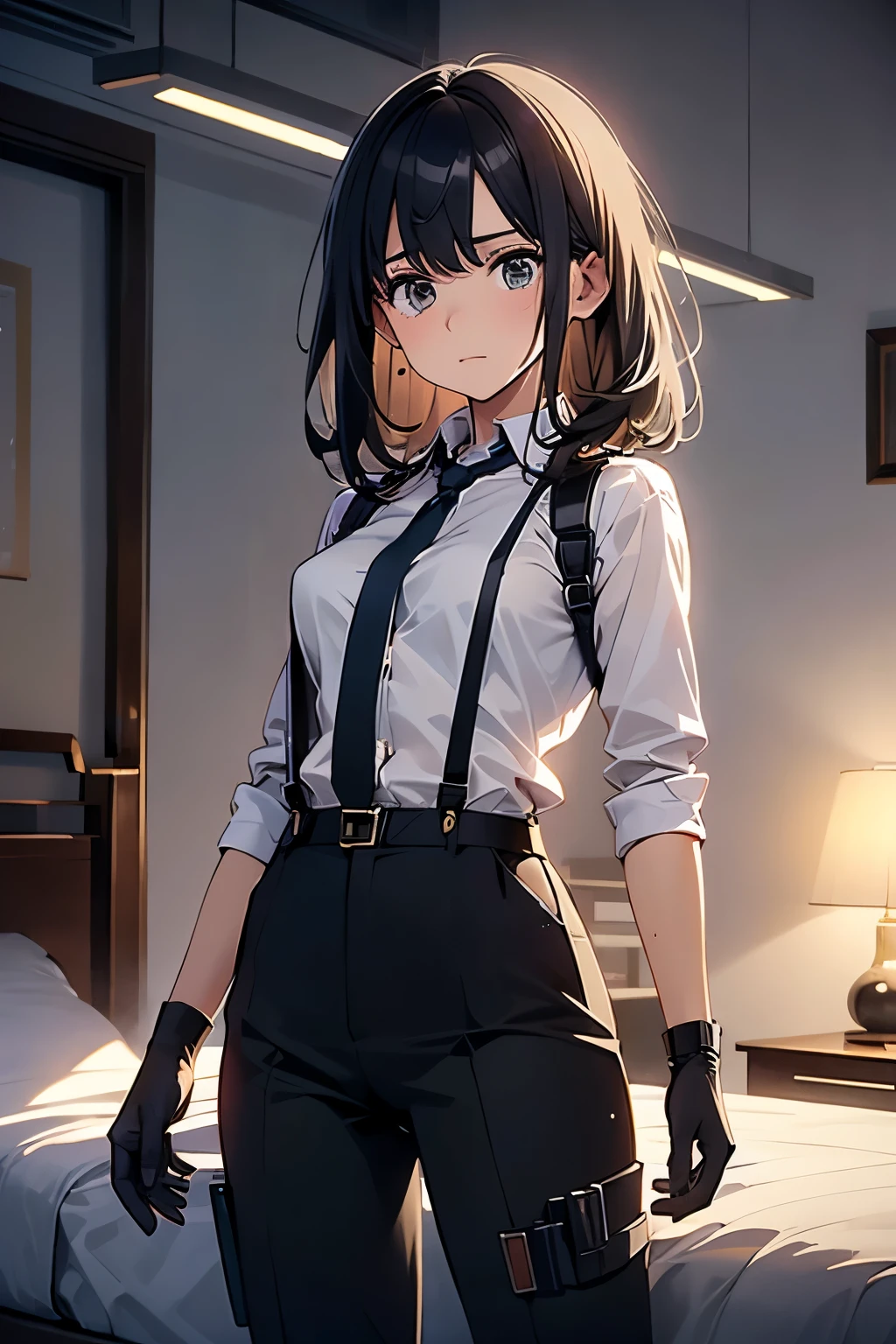 1 female, , high quality, masterpiece, Ultra-high resolution, , Cinema Lighting, , , And the suspenders with the cranes flying Moderate breasts Small face holster Lying in bed Looking up Sweat belt summer 脇Sweat Black Hole Gloves suit shirt Black jacket Black trousers Leg Links ズボンにbelt holster Hands behind your back Anxious expression Looking up Anxious face, legs apart