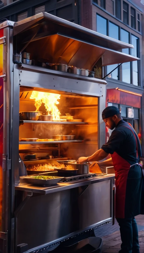 A food truck, a fast food worker, a cook in a food truck, preparing a hot meal, steam rising, delicious aromas, dynamic composition, cinematic lighting, vibrant colors, photorealistic, 8K, hyper detailed, masterpiece