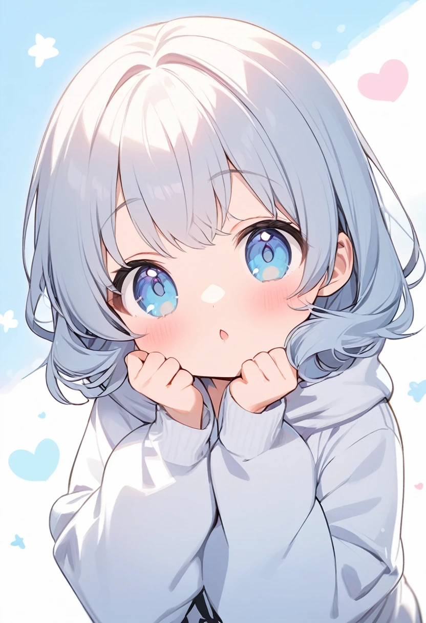 One Girl,Light blue eyes,cute,cute女の子,White hoodie,Cover your cheek with your sleeve